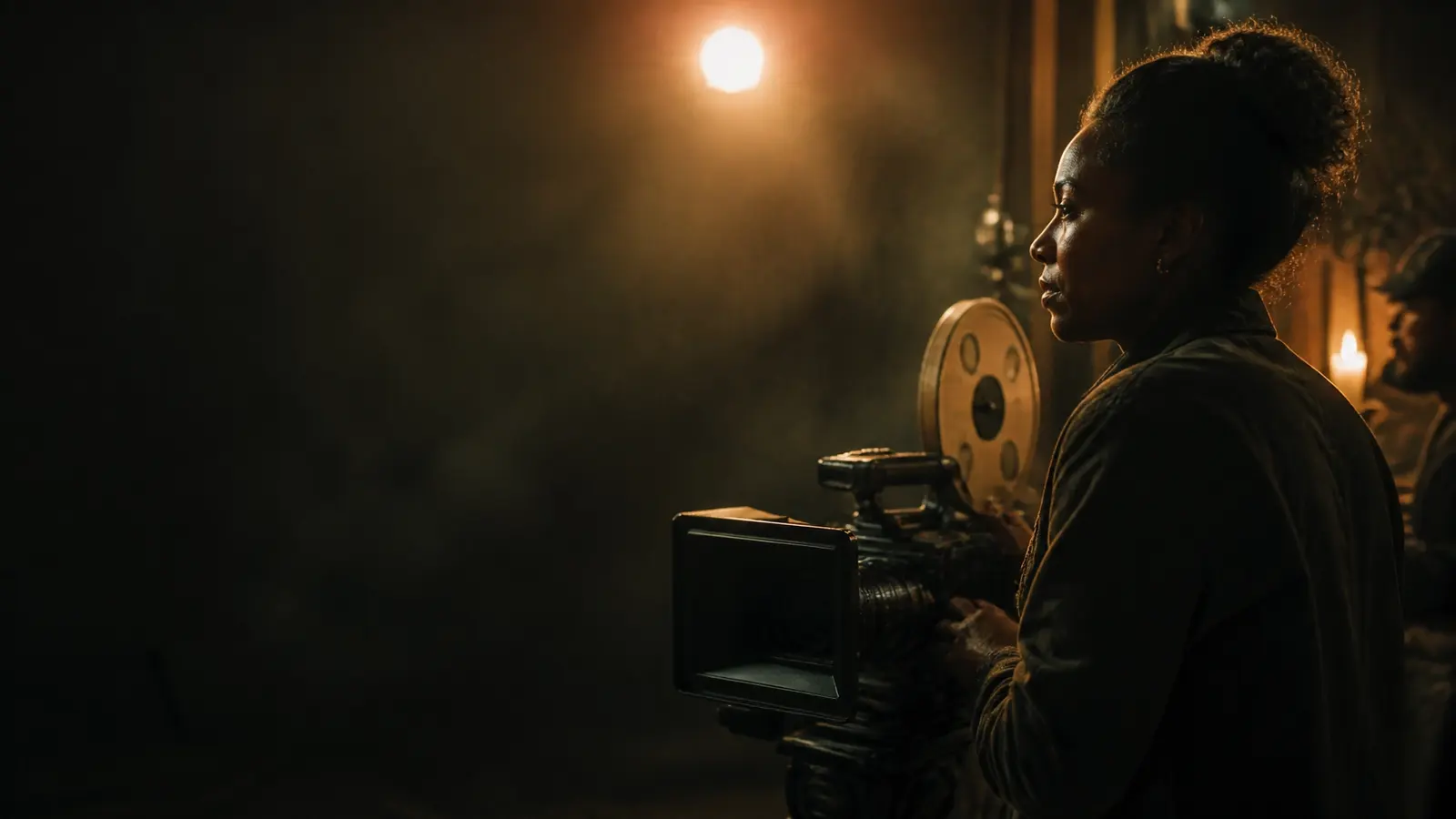 Director beside a vintage cinema camera on a warmly lit film set