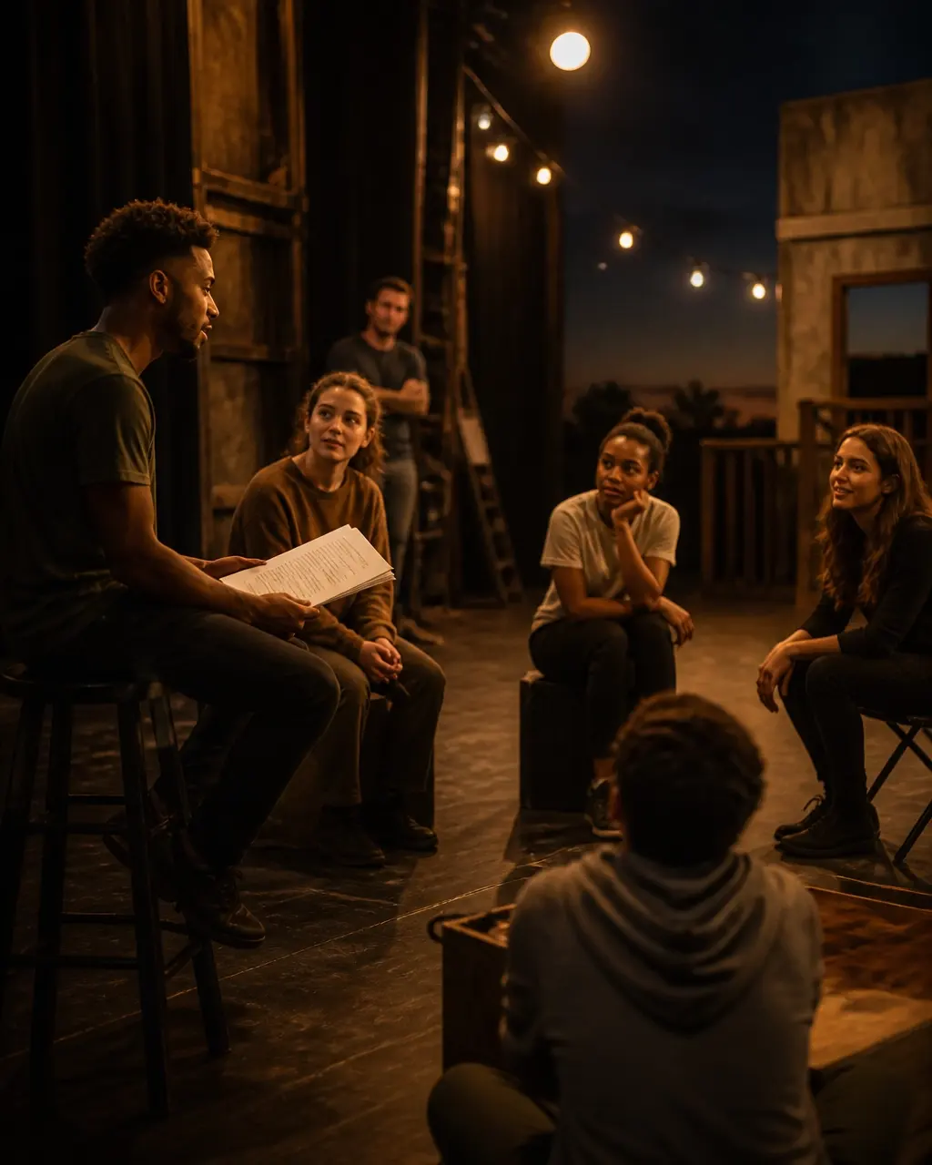 Performers gathering for a stage rehearsal beneath warm string lights